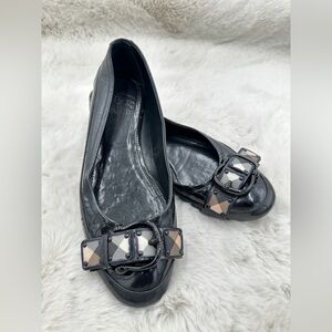 Burberry‎ Ballet Flats Round Toe Nova Check Patent Leather Black 39 US 9